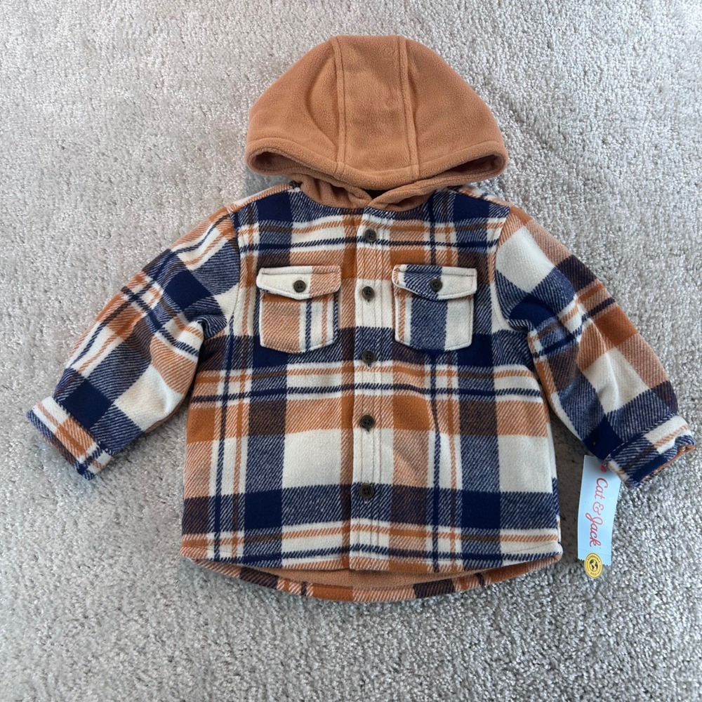 Cat & Jack Toddler Boys Cream Navy Orange Plaid Hooded Fleece Shacket 18M NEW
